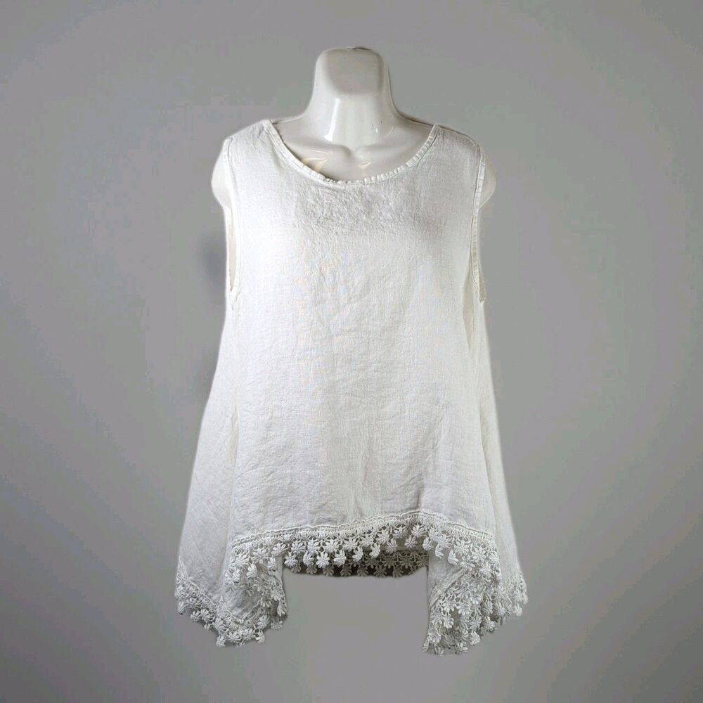 100% Linen Senzatempo Womens Tank Top - Size Small - Lace Italian Beach Boho